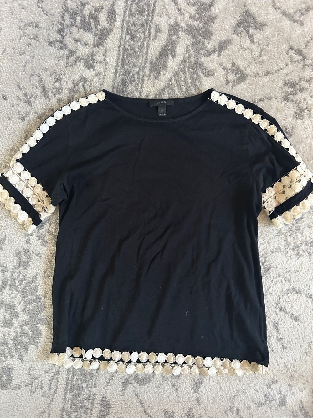 J. Crew Black Short Sleeve Tee with Ivory Crochet Trim